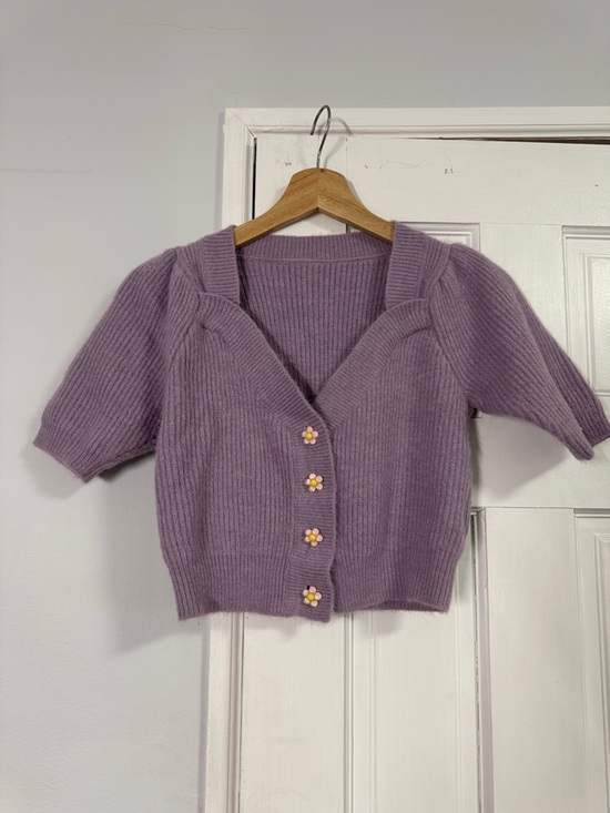 Sweaters - Lilac Short Sleeve Knit Cardigan with Daisy Buttons